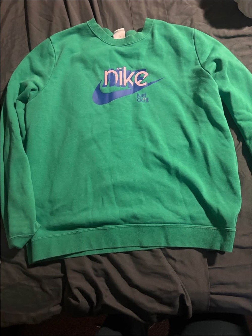 Nike Green Crewneck with Blue Swoosh and Pink Logo Accents